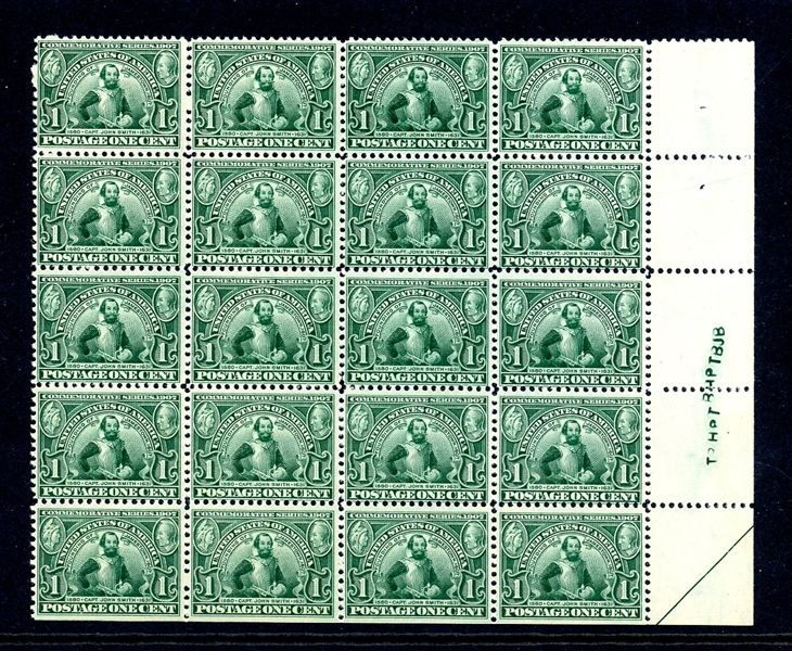 USA Scott 328 Mint Block of 20, Fine+, 1¢ Jamestown (SCV $1500)