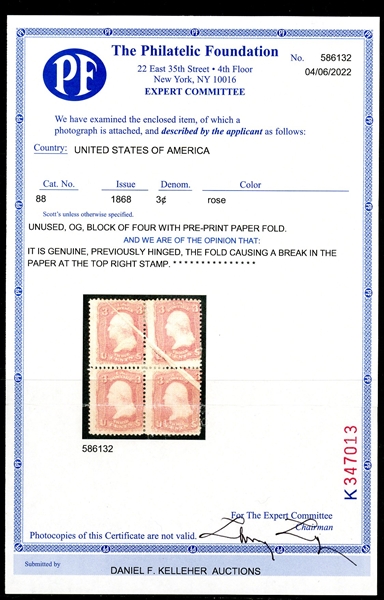 USA Scott 88 Mint Block/4 with Dramatic Pre-Print Paper Fold w/2022 PFC (Est $1500-2000)