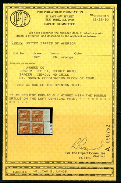 USA Scott 113E-DF, 133E-Dd on Block/4, 2¢ Orange (SCV $2000)