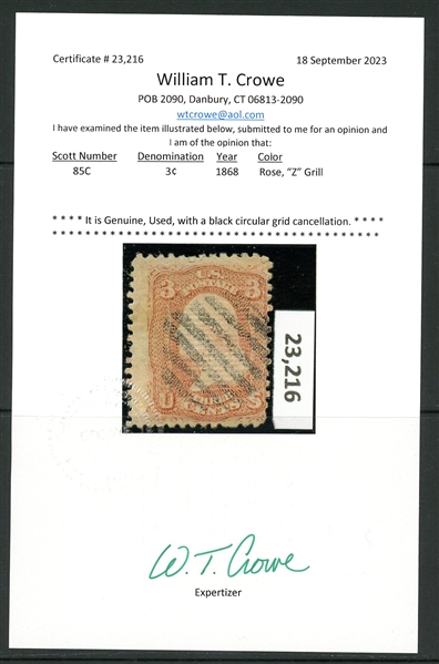 USA Scott 85C Used, 1868 3¢ Z Grill, Fine with 2023 Crowe Cert (SCV $3500)