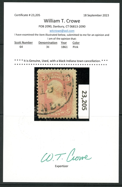 USA Scott 64 Used Fine, 1861 3¢ Pink with 2023 Crowe Cert (SCV $575)