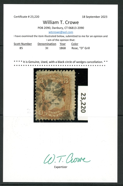 USA Scott 85 Used Avg, 1868 3¢ D Grill with 2023 Crowe Cert (SCV $1050)