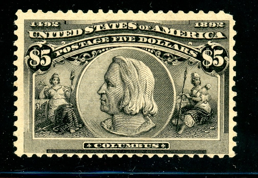 USA Scott 245 Unused Fine+, $5 Columbian with 2023 Crowe Cert (SCV $1250)