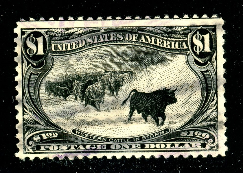 USA Scott 292 Used F-VF, $1 Cattle in the Storm with 2023 Crowe Cert (SCV $700)