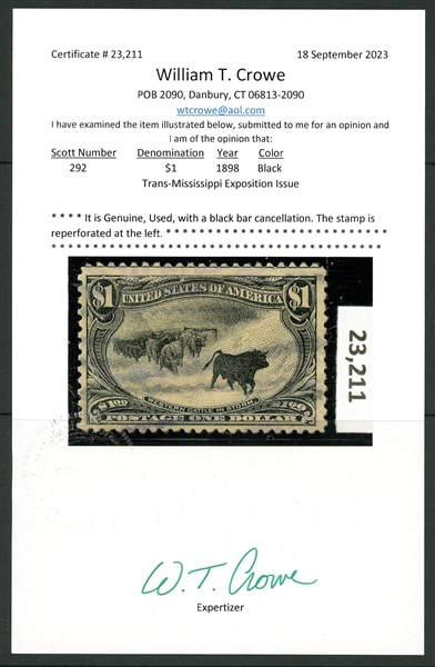 USA Scott 292 Used F-VF, $1 Cattle in the Storm with 2023 Crowe Cert (SCV $700)