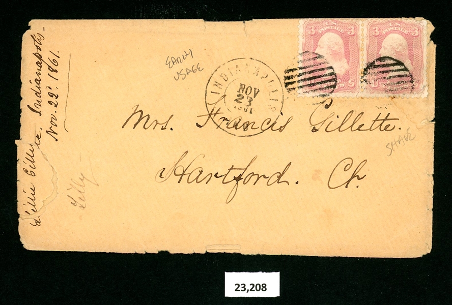 USA Scott 64 Pair on Cover, 1861 Indianapolis Cancel with 2023 Crowe Cert (SCV $1600)