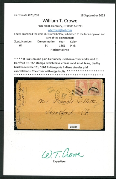 USA Scott 64 Pair on Cover, 1861 Indianapolis Cancel with 2023 Crowe Cert (SCV $1600)