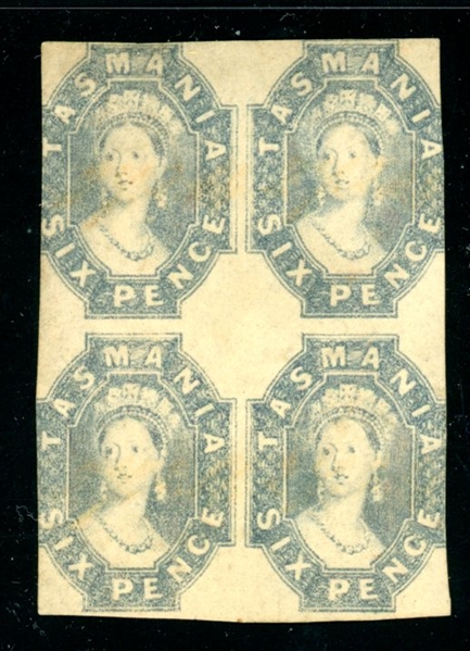 Tasmania Scott 15 Imperf Mint Block/4, Avg-Fine with 1975 RPS Certificate (SCV $600)