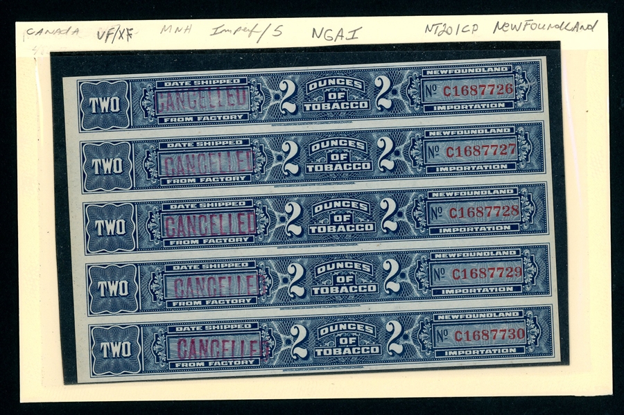 Newfoundland Tobacco NT201CP Imperf Strip of 5 (Est $75-100)