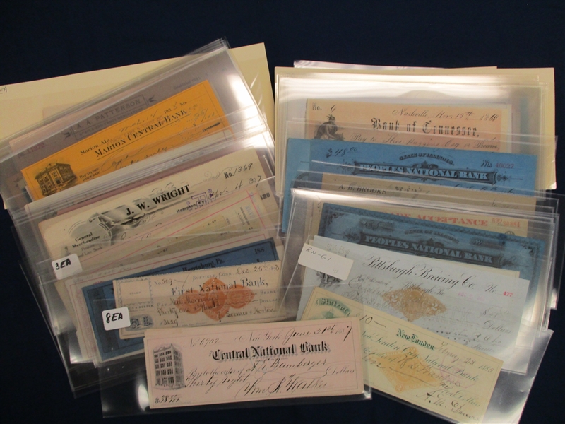 Checks, Drafts, Etc., Most with Revenue Stamps/Imprints (Est $125-200)