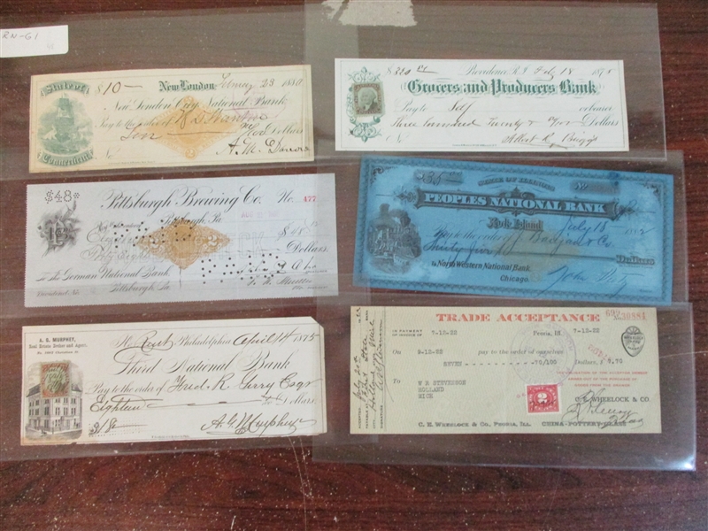 Checks, Drafts, Etc., Most with Revenue Stamps/Imprints (Est $125-200)