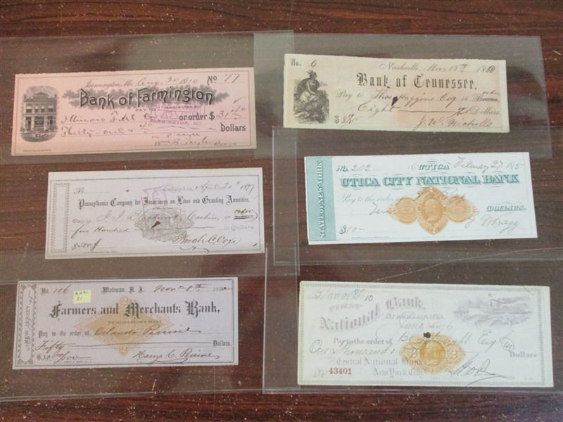 Checks, Drafts, Etc., Most with Revenue Stamps/Imprints (Est $125-200)