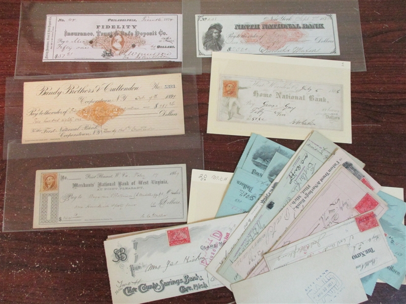 Checks, Drafts, Etc., Most with Revenue Stamps/Imprints (Est $125-200)