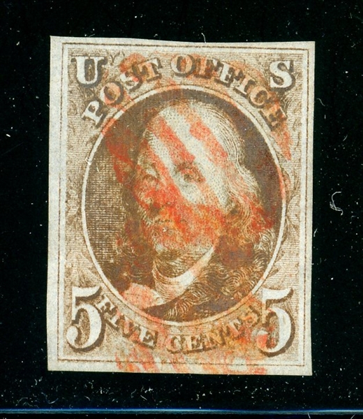 USA Scott 1 Used Fine, 4 Margin, Red Grid Cancel, 1976 and 2009 PFC (SCV $425)