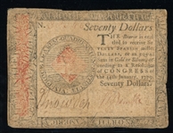 1779 Continental Currency, $70 Spanish Milled Dollar Note (Est $175-250)