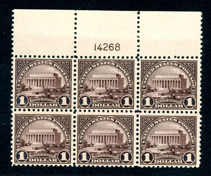 USA Scott 571 MH Top Plate Block/6, $1 Lincoln Memorial (SCV $300)