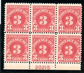 USA Scott J72 MH Bottom Plate Block of 6, 1930 3¢ Postage Due (SCV $300)