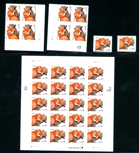 USA Scott 3036 MNH Red Fox, Sheet, Plate Blocks, Singles (Est $200-250)
