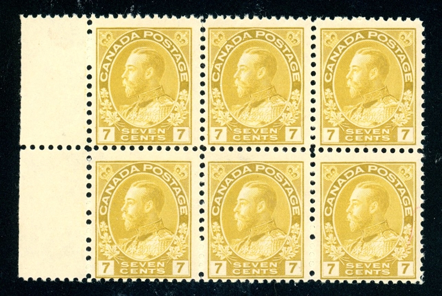 Canada Scott 113 MNH Block of 6, 7¢ Admiral (SCV $780)