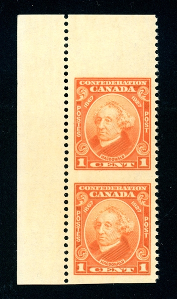 Canada Scott 141c MNH Vertical Pair, Imperf Horiz, 1¢ Macdonald (SCV $180)