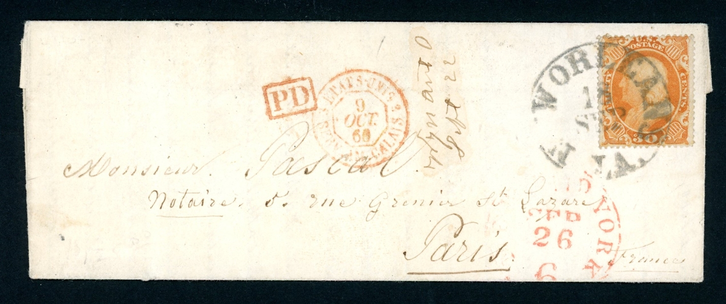 USA Scott 38 on Folded Letter to France (SCV $1350