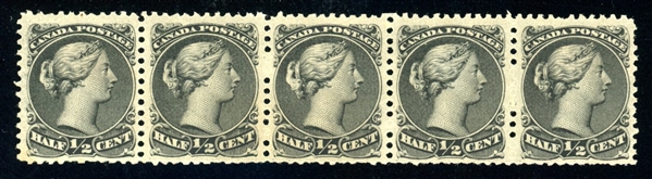 Canada Scott 21 MH Strip of 5, ½¢ Black Small Queen (SCV $1250)