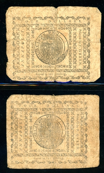 1775 $4 Annapolis Maryland Colonial Currency (Qty 2), 4sh 6p  (Est $175-250)