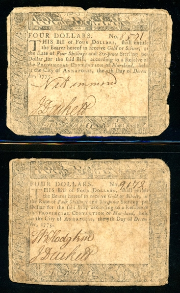 1775 $4 Annapolis Maryland Colonial Currency (Qty 2), 4sh 6p  (Est $175-250)