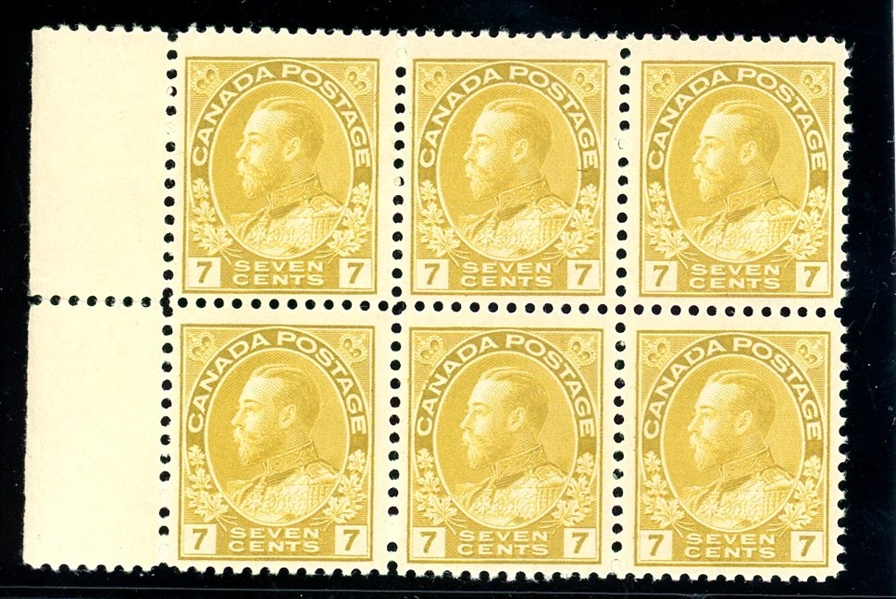 Canada Scott 113 MNH Block of 6 F-VF, 7¢ Admiral (SCV $780)