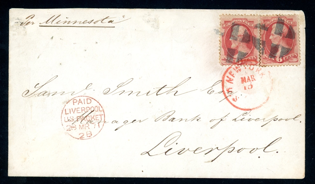 USA Scott 148 (x2) on 1871 Cover to Liverpool, 1984 PF Cert (Est $50-60) 