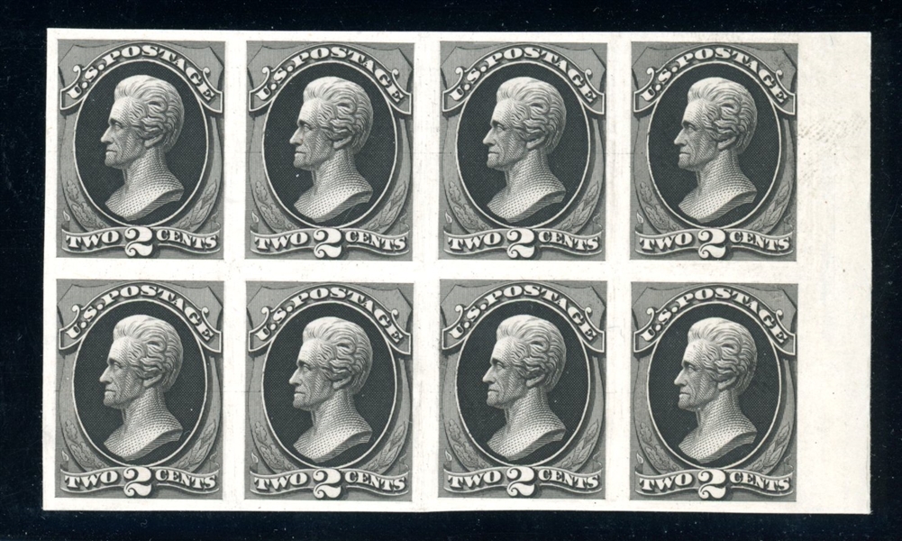 USA Scott 157TC3a Block of 8, 2¢ Black, India Paper on Card (SCV $130)