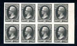 USA Scott 157TC3a Block of 8, 2¢ Black, India Paper on Card (SCV $130)