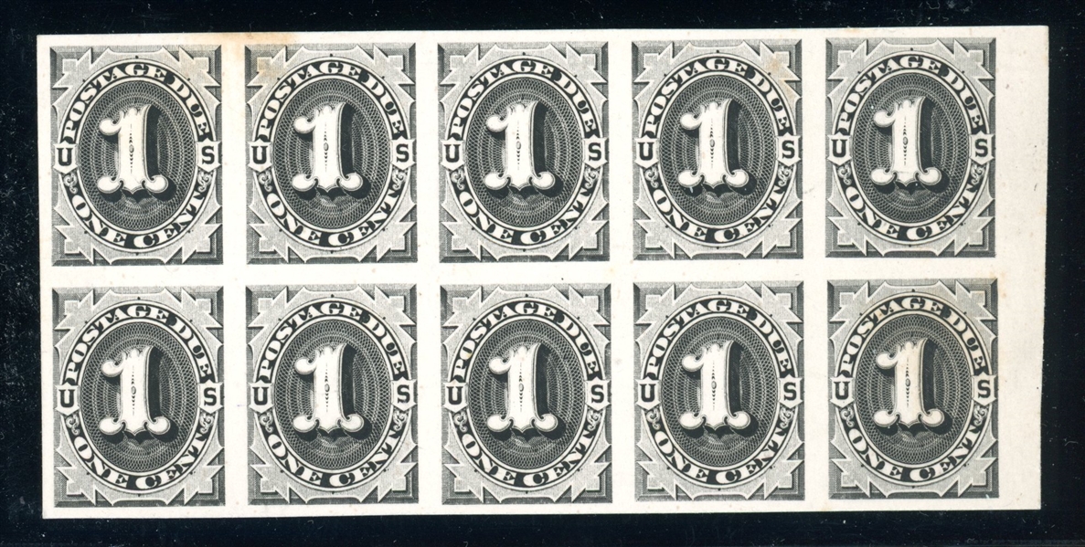 USA Scott J1TC4 Block of 10, 2¢ Black, Plate Proof on Card (SCV $500)