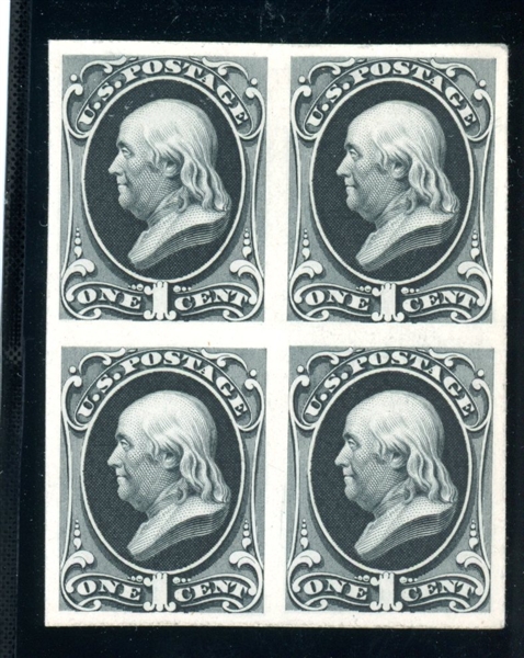 USA Scott 156TC4 Block of 4, 1¢ Black Plate Proof on Card (SCV $140)