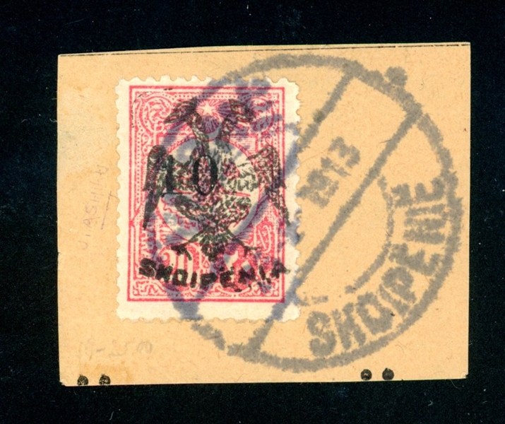 Albania Scott 19 Used on Piece, 1913 Cancel (SCV $1250)