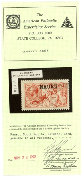 Nauru Scott 14 Used F-VF with 1992 APS Certificate (SCV $175)