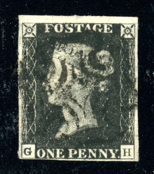 Great Britain Scott 1 Used Penny Black with 4 Margins (SCV $375)