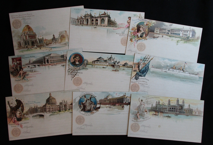 1893 Columbian Exposition Postal Cards, 9 Different Unused (Est $90-120)