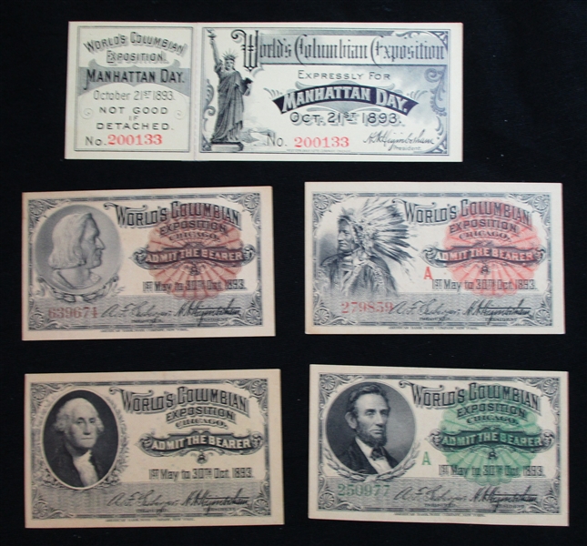 1893 Columbian Exposition Tickets, 5 Different (Est $90-120)