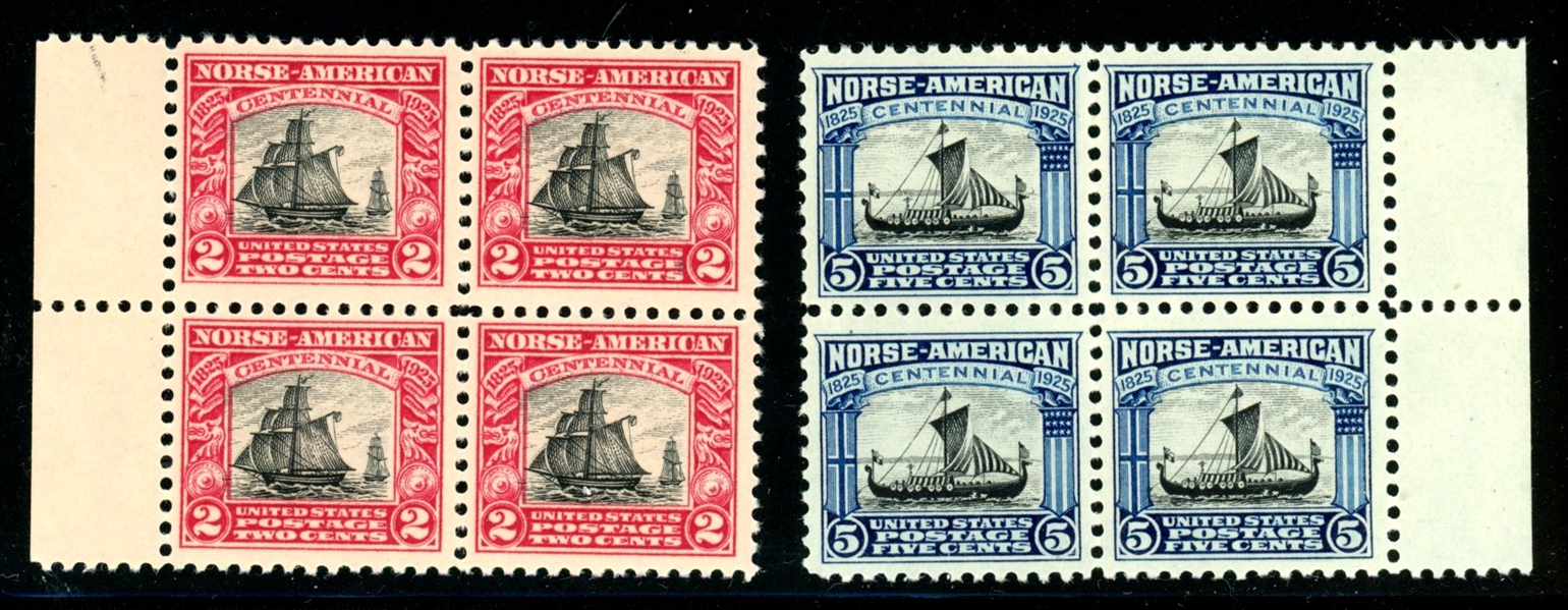 USA Scott 620-621 MNH Margin Blocks/4, 1925 Norse American (SCV $100)