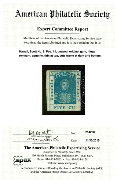 Hawaii Scott 8 Unused, 5¢ Blue with 2015 APS Certificate (SCV $700)