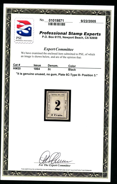 Hawaii Scott 20 Unused, 2¢ Black with 2005 PSE Certificate (SCV $775)