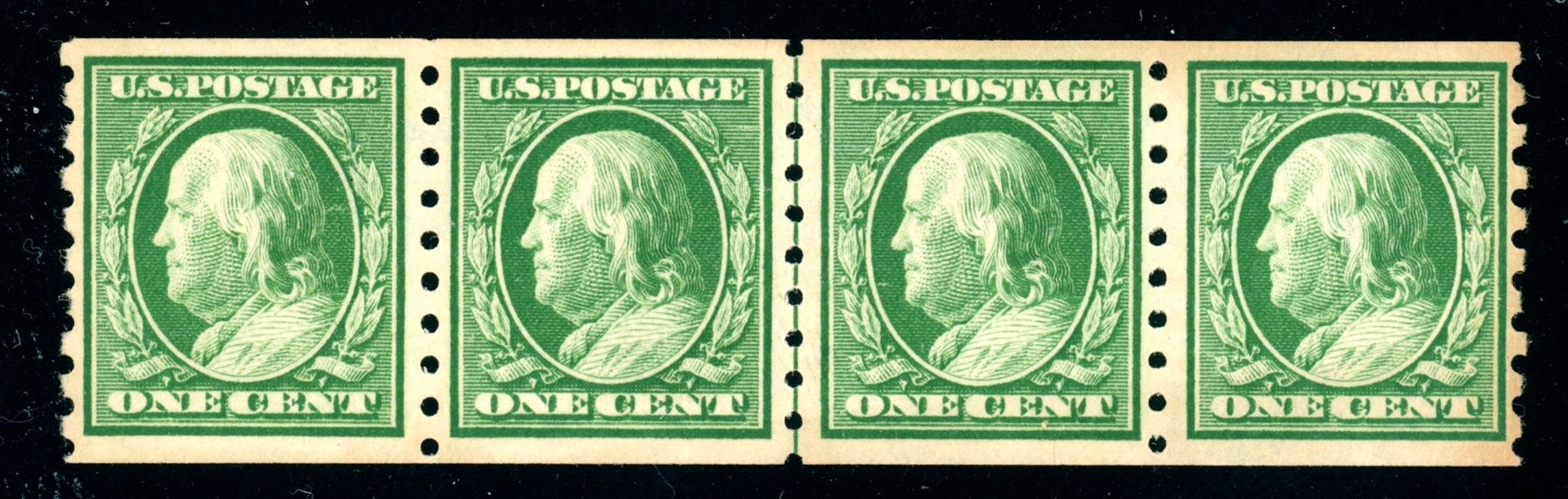 USA Scott 392 MH/MNH Strip/4, 1¢ Franklin Coil, 2014 Weiss Cert (SCV $330)