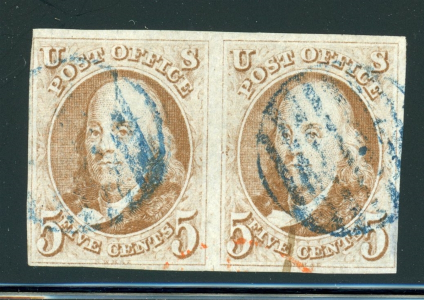 USA Scott 1 Used Pair, 4 Margin, Blue Grid Cancels, 1999 PSE Cert (SCV $950)