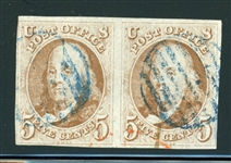 USA Scott 1 Used Pair, 4 Margin, Blue Grid Cancels, 1999 PSE Cert (SCV $950)