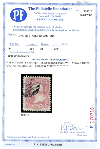 USA Scott 64b Used F-VF, 3¢ Rose Pink with 2008 PF Certificate (SCV $140)