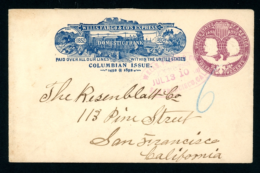 USA Scott U349 Columbian Wells Fargo Illustrated Cover (Est $90-120)