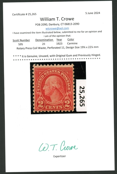 USA Scott 595 MH Fine+, 2¢ Perf 11 with 2024 Crowe Certificate (SCV $240)