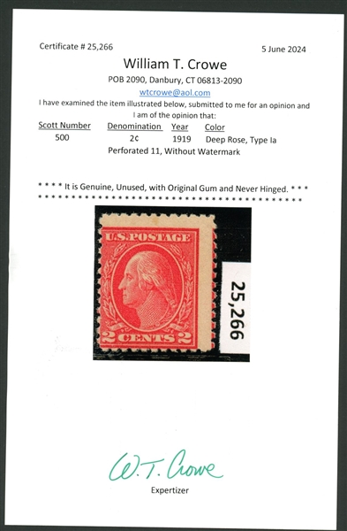 USA Scott 500 MNH Fine, 2¢ Washington Deep Rose Type Ia with Crowe Cert (SCV $570)