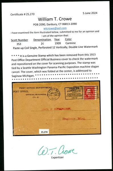 USA Scott 353 Paste Up Single on Cover with 2024 Crowe Cert (SCV $375)